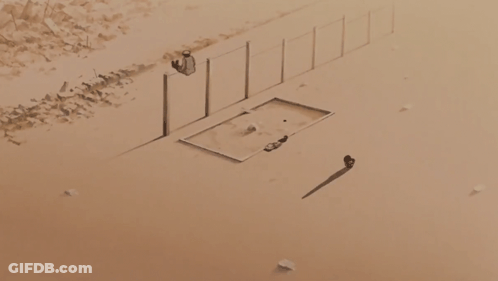 A Drawing Of A Fence In The Desert With A Shadow Of A Person GIF