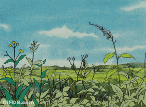 A Drawing Of A Field Of Flowers With A Blue Sky GIF