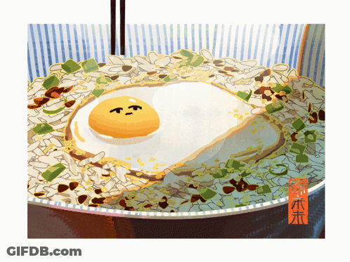 A Drawing Of A Fried Egg In A Bowl Of Rice With Chopsticks GIF