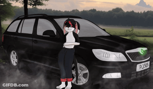 A Drawing Of A Furry Character Leaning Against A Black Car With A License Plate That Says Pj916 GIF
