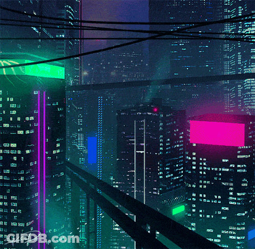 A Drawing Of A Futuristic City At Night With A Sign That Says " ダイヤラ " GIF