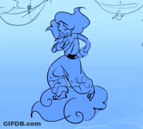 A Drawing Of A Genie Standing On A Cloud With A Blue Background GIF