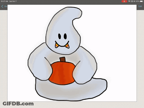 A Drawing Of A Ghost Holding An Orange Pumpkin Next To A Picture Of A Stuffed Ghost Holding An Orange Pumpkin GIF