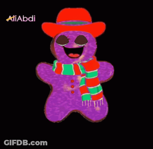 A Drawing Of A Gingerbread Man Wearing A Red Hat And Scarf GIF