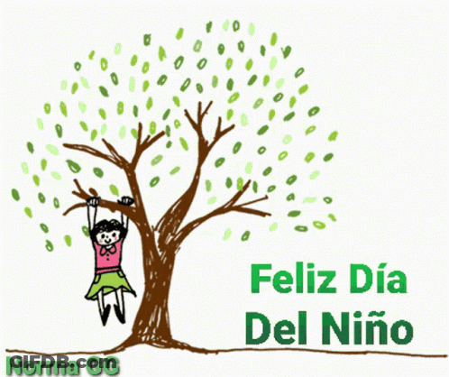 A Drawing Of A Girl Hanging From A Tree With The Words Feliz Dia Del Niño Below Her GIF