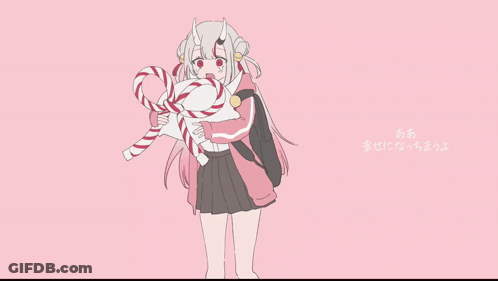 A Drawing Of A Girl Holding A Candy Cane With Chinese Writing GIF