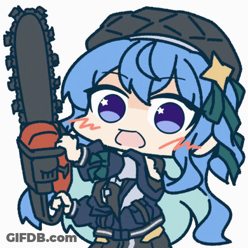 A Drawing Of A Girl Holding A Chainsaw With The Letter M On It GIF