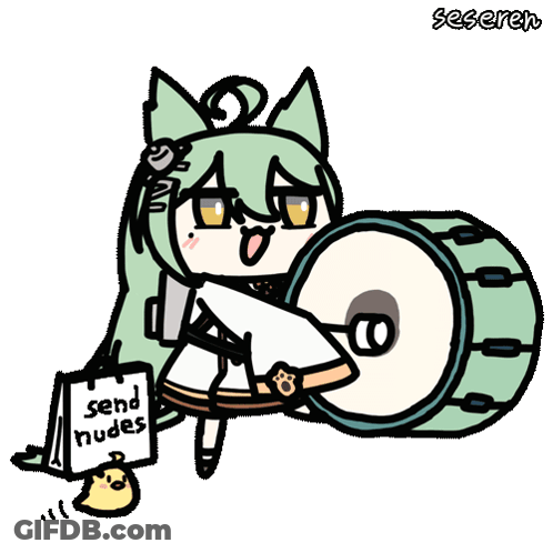 A Drawing Of A Girl Holding A Drum And A Note That Says Send Nudes GIF