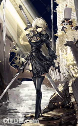 A Drawing Of A Girl Holding A Sword And A Gun GIF