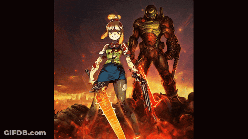 A Drawing Of A Girl Holding A Sword Next To A Demon GIF