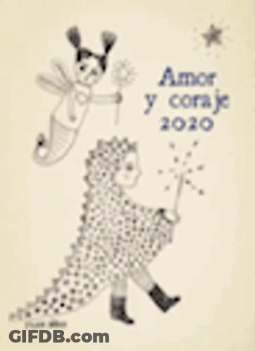 A Drawing Of A Girl Holding A Wand Next To A Dragon With The Words Amor Y Courage 2020 GIF