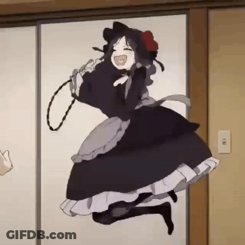 A Drawing Of A Girl In A Black Dress With A Red Flower On Her Head GIF