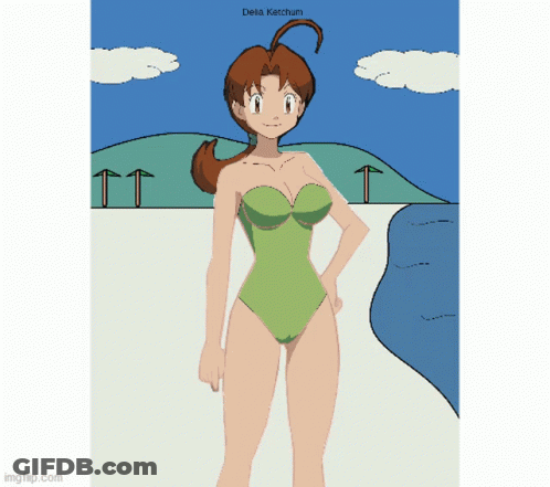 A Drawing Of A Girl In A Green Swimsuit With The Name Delta Ketchum On The Bottom GIF