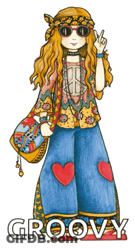 A Drawing Of A Girl In A Hippie Outfit With The Word Groovy Below Her GIF