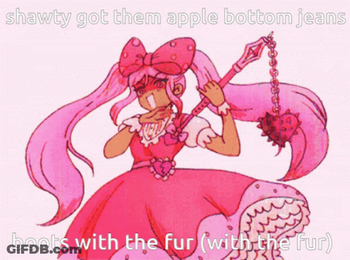 A Drawing Of A Girl In A Pink Dress With The Caption Shawty Got Them Apple Bottom Jeans Boots With The Fur GIF