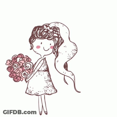 A Drawing Of A Girl In A White Dress Holding A Bouquet Of Flowers GIF