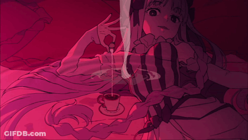 A Drawing Of A Girl Laying On A Bed With A Cup Of Coffee In Front Of Her GIF