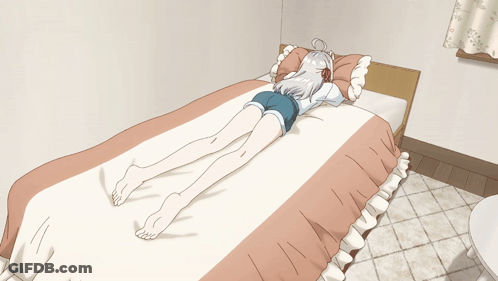 A Drawing Of A Girl Laying On A Bed With Her Legs Crossed GIF