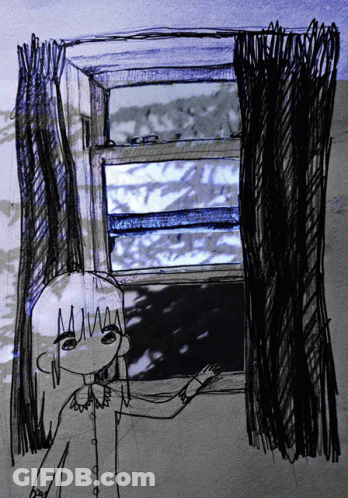 A Drawing Of A Girl Looking Out A Window With The Letter M On Her Head GIF