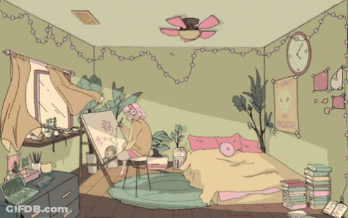 A Drawing Of A Girl Painting In A Bedroom With A Sign That Says " I Do Not Believe " GIF