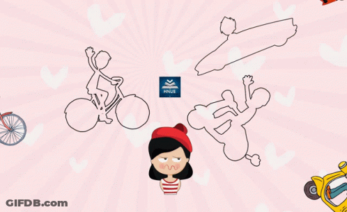 A Drawing Of A Girl Riding A Scooter And A Man Riding A Bicycle GIF