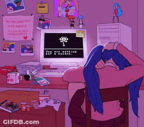 A Drawing Of A Girl Sitting At A Desk With A Computer That Says You Are Nothing But A Burden On It GIF
