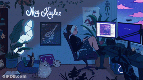 A Drawing Of A Girl Sitting In A Chair With The Name Meg Kaylee GIF