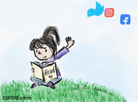 A Drawing Of A Girl Sitting In The Grass Reading A Book With Social Media Icons Behind Her GIF