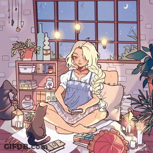 A Drawing Of A Girl Sitting On A Couch With A Cat And Candles GIF