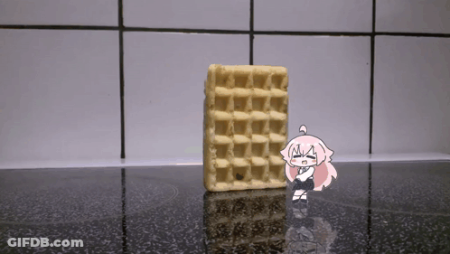 A Drawing Of A Girl Sitting On A Counter Next To A Waffle GIF