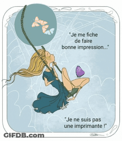 A Drawing Of A Girl Sitting On A Swing With A Butterfly And The Words Je Me Fiche De Faire Bonne Impression GIF