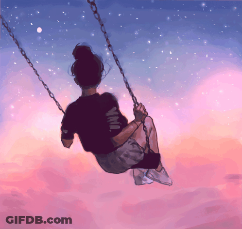 A Drawing Of A Girl Sitting On A Swing With A Starry Sky Behind Her GIF