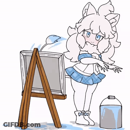 A Drawing Of A Girl Standing Next To An Easel And A Bucket Of Water GIF