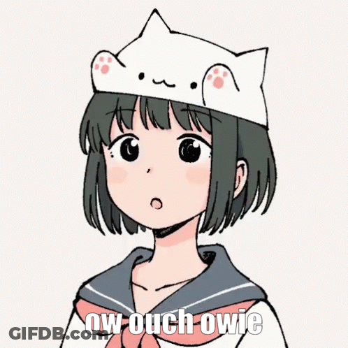 A Drawing Of A Girl Wearing A Cat Hat With The Words Ow Ouch Owie Below Her GIF