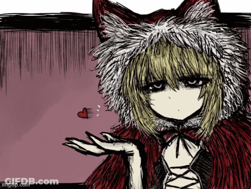 A Drawing Of A Girl Wearing A Red Cape And A White Furry Hood GIF