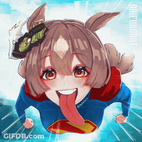A Drawing Of A Girl Wearing A Superman Shirt With Her Tongue Hanging Out GIF