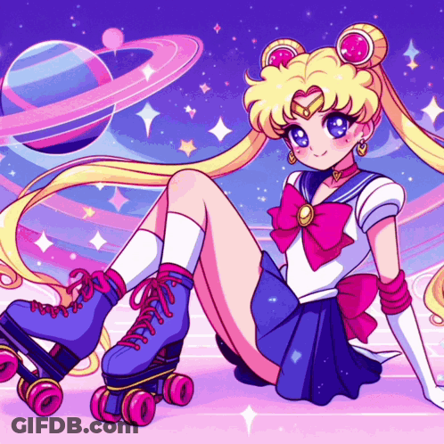 A Drawing Of A Girl Wearing Roller Skates With A Planet In The Background GIF