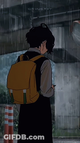A Drawing Of A Girl With A Backpack In The Rain GIF
