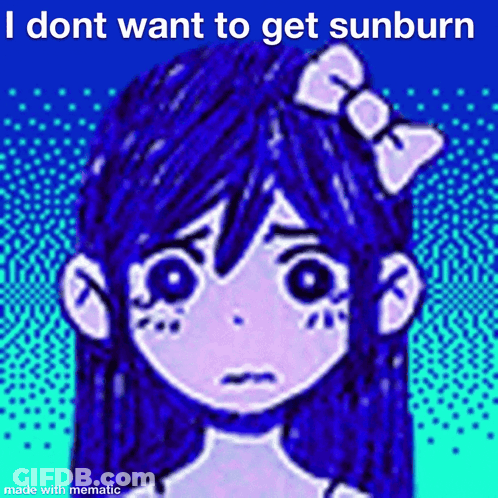A Drawing Of A Girl With A Bow On Her Head And The Words I Dont Want To Get Sunburn GIF
