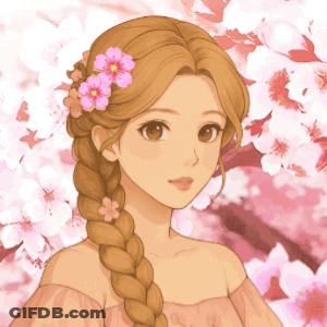A Drawing Of A Girl With A Braid And Pink Flowers In Her Hair GIF