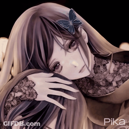 A Drawing Of A Girl With A Butterfly In Her Hair Has The Name Pika On The Bottom GIF
