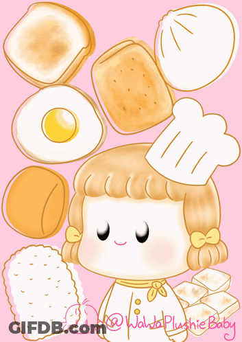 A Drawing Of A Girl With A Chef 'S Hat And A Bunch Of Food Including Eggs Bread And Rice GIF