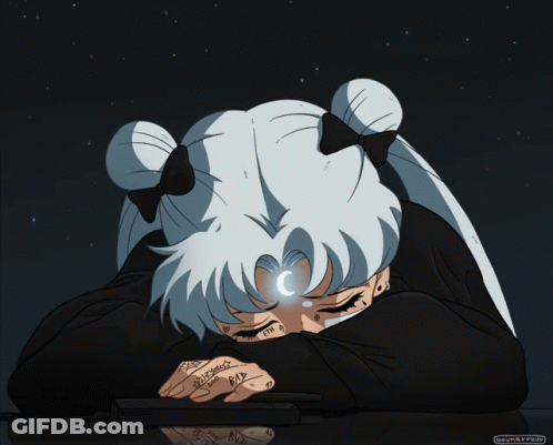 A Drawing Of A Girl With A Crescent Moon On Her Forehead And The Word " Rip " On Her Hand GIF