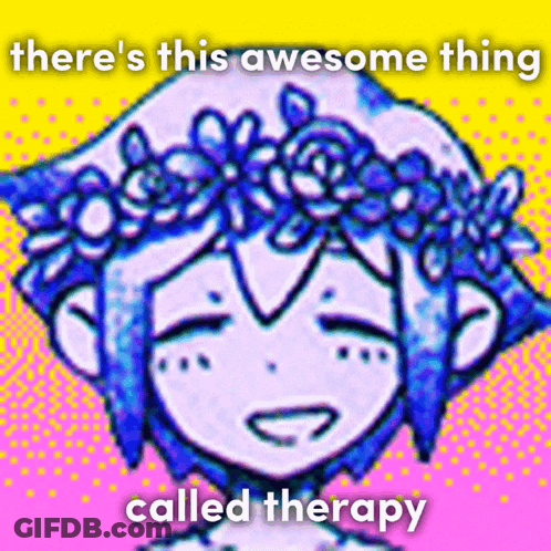 A Drawing Of A Girl With A Flower Crown On Her Head With The Words " There 'S This Awesome Thing Called Therapy " GIF