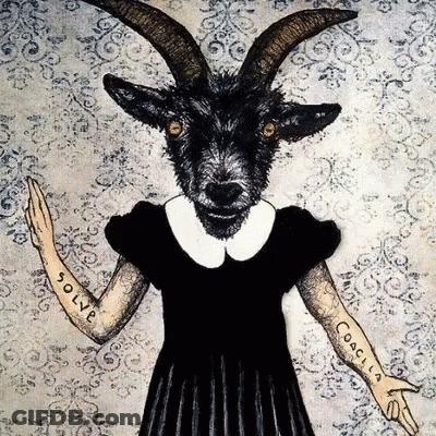 A Drawing Of A Girl With A Goat 'S Head And The Word Solve Written On Her Arm GIF