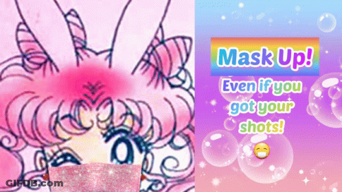 A Drawing Of A Girl With A Mask On Her Face Next To A Sign That Says Mask Up GIF