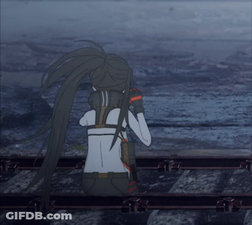 A Drawing Of A Girl With A Ponytail Standing On Train Tracks GIF
