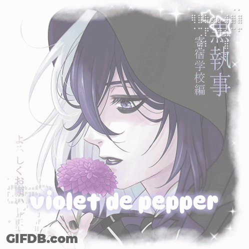 A Drawing Of A Girl With A Purple Flower And The Words Violet De Pepper On The Bottom GIF