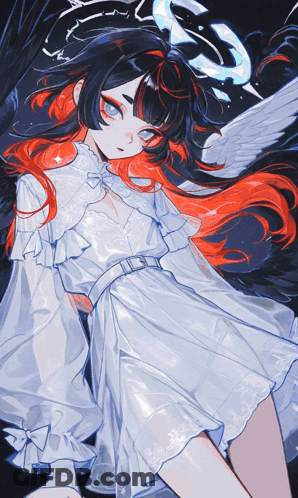 A Drawing Of A Girl With Angel Wings And Red And Black Hair GIF