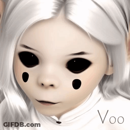 A Drawing Of A Girl With Black Eyes And The Word Voo Below It GIF